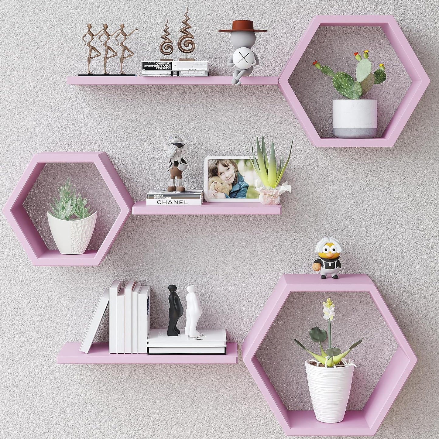 LUDORU – Lot de 6 Étagères Murales Hexagonales en Bois de Pin