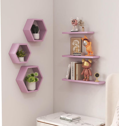 LUDORU – Lot de 6 Étagères Murales Hexagonales en Bois de Pin