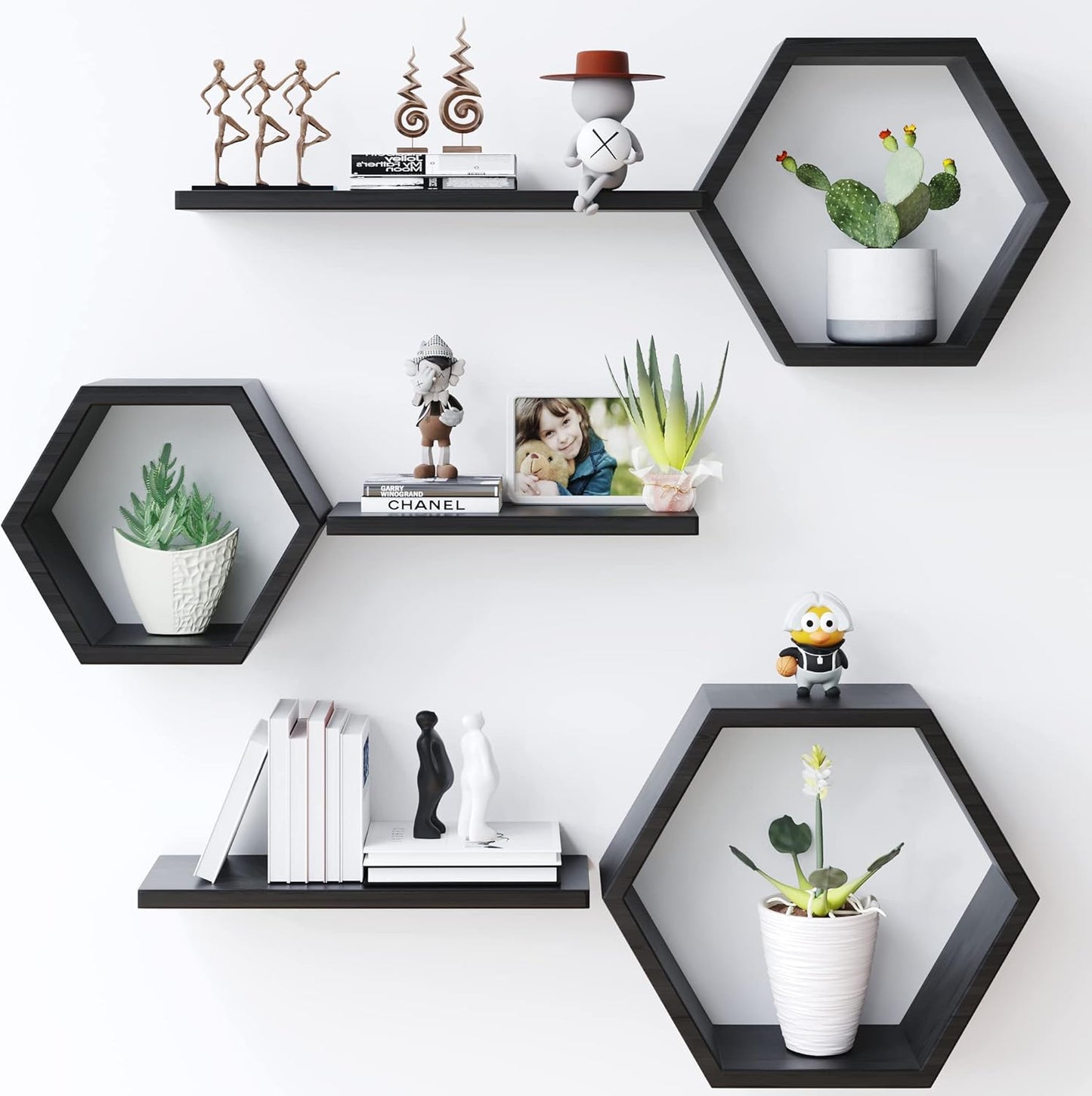 LUDORU – Lot de 6 Étagères Murales Hexagonales en Bois de Pin