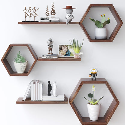 LUDORU – Lot de 6 Étagères Murales Hexagonales en Bois de Pin