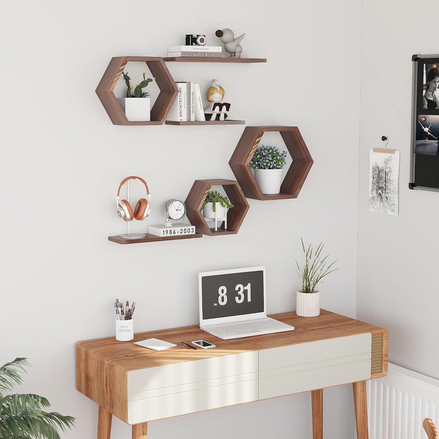 LUDORU – Lot de 6 Étagères Murales Hexagonales en Bois de Pin