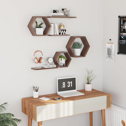 LUDORU – Lot de 6 Étagères Murales Hexagonales en Bois de Pin