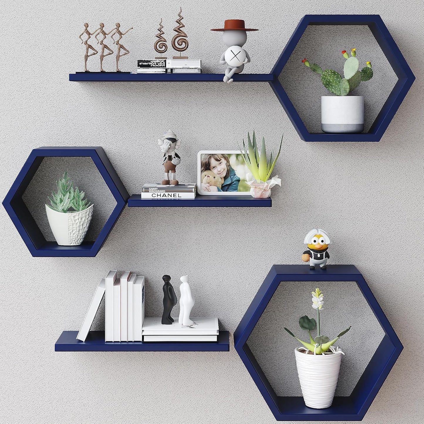 LUDORU – Lot de 6 Étagères Murales Hexagonales en Bois de Pin