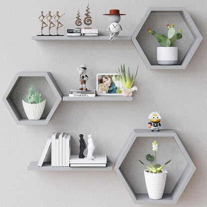 LUDORU – Lot de 6 Étagères Murales Hexagonales en Bois de Pin